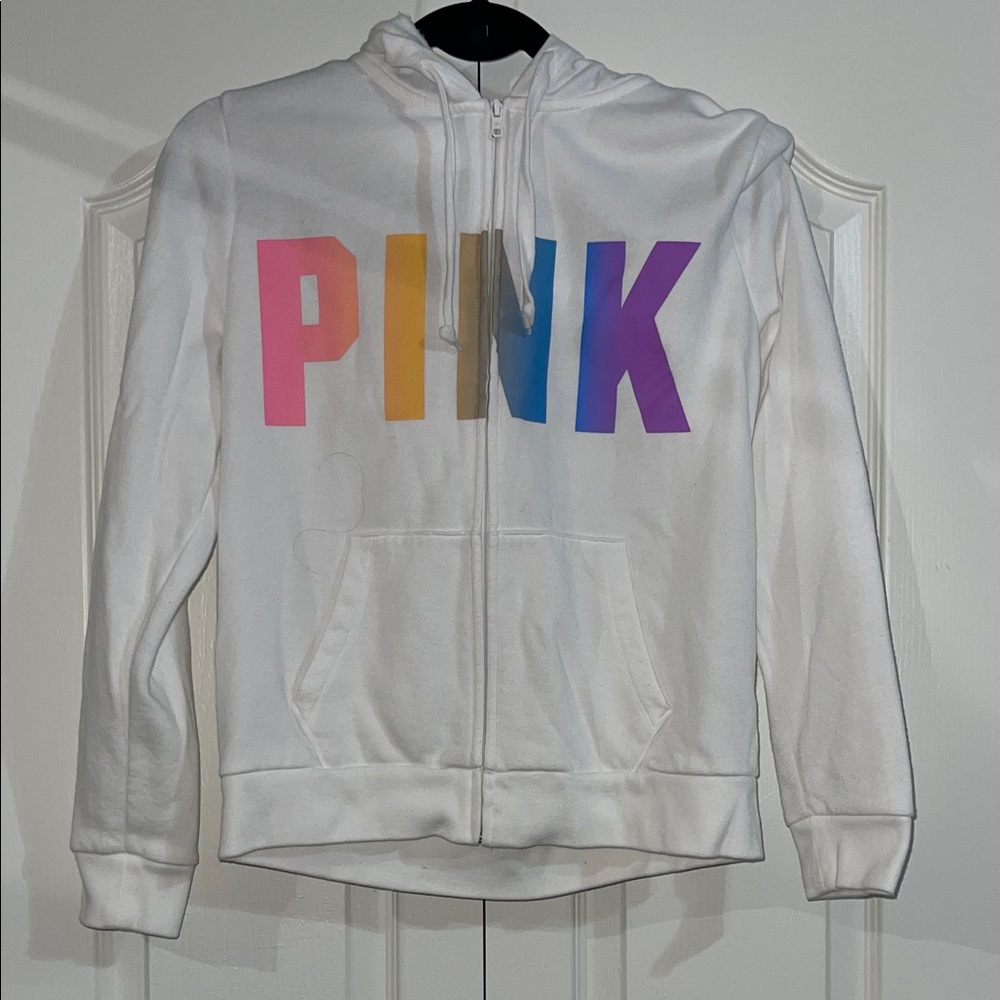 PINK Victoria’s Secret White Hoodie with Multicolor 'PINK' Logo